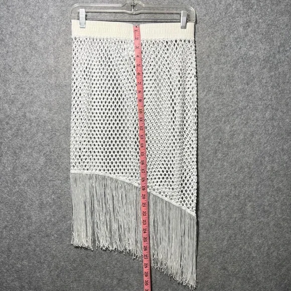 BLU White Fishnet Mesh Fringe Midi Skirt Asymmetrical Hem Large Coastal Festival - Picture 3 of 6